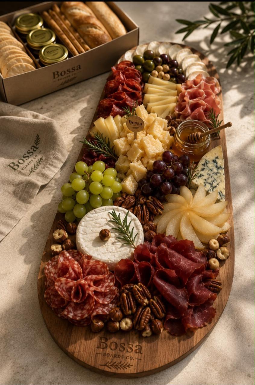 A composed Bossa grazing board with cheese, charcuterie, grapes, nuts and rosemary on a wooden board